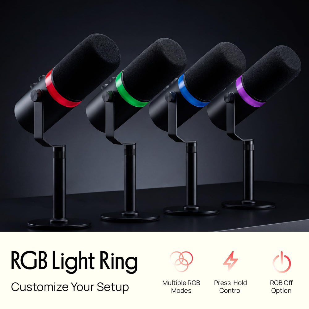 Dynamic USB/XLR Microphone for Podcasting, Streaming & Gaming, Cardioid Recording Mic with RGB Lighting, Mute Button, Zero-Latency Monitoring, Volume Control & Desktop Stand (PDMIC7B)