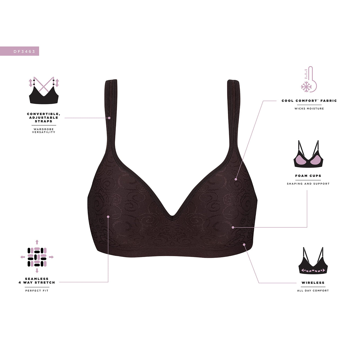[]Bali Women's Comfort Revolution Wire Free Bra, Black Swirl, 36C