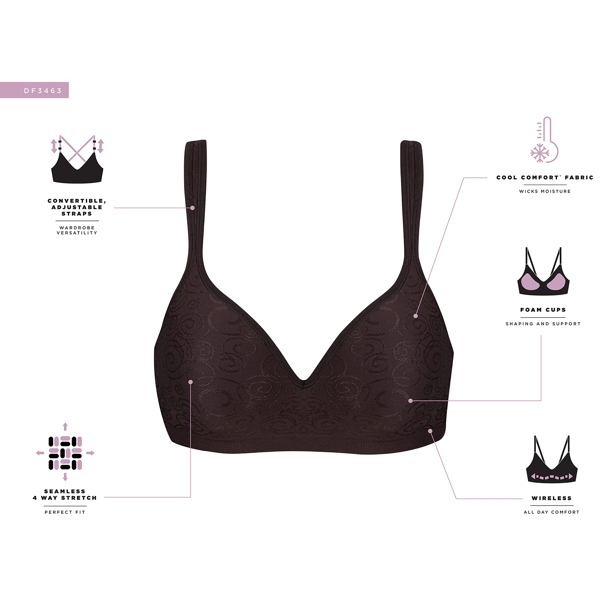 []Bali Women's Comfort Revolution Wire Free Bra, Black Swirl, 36C