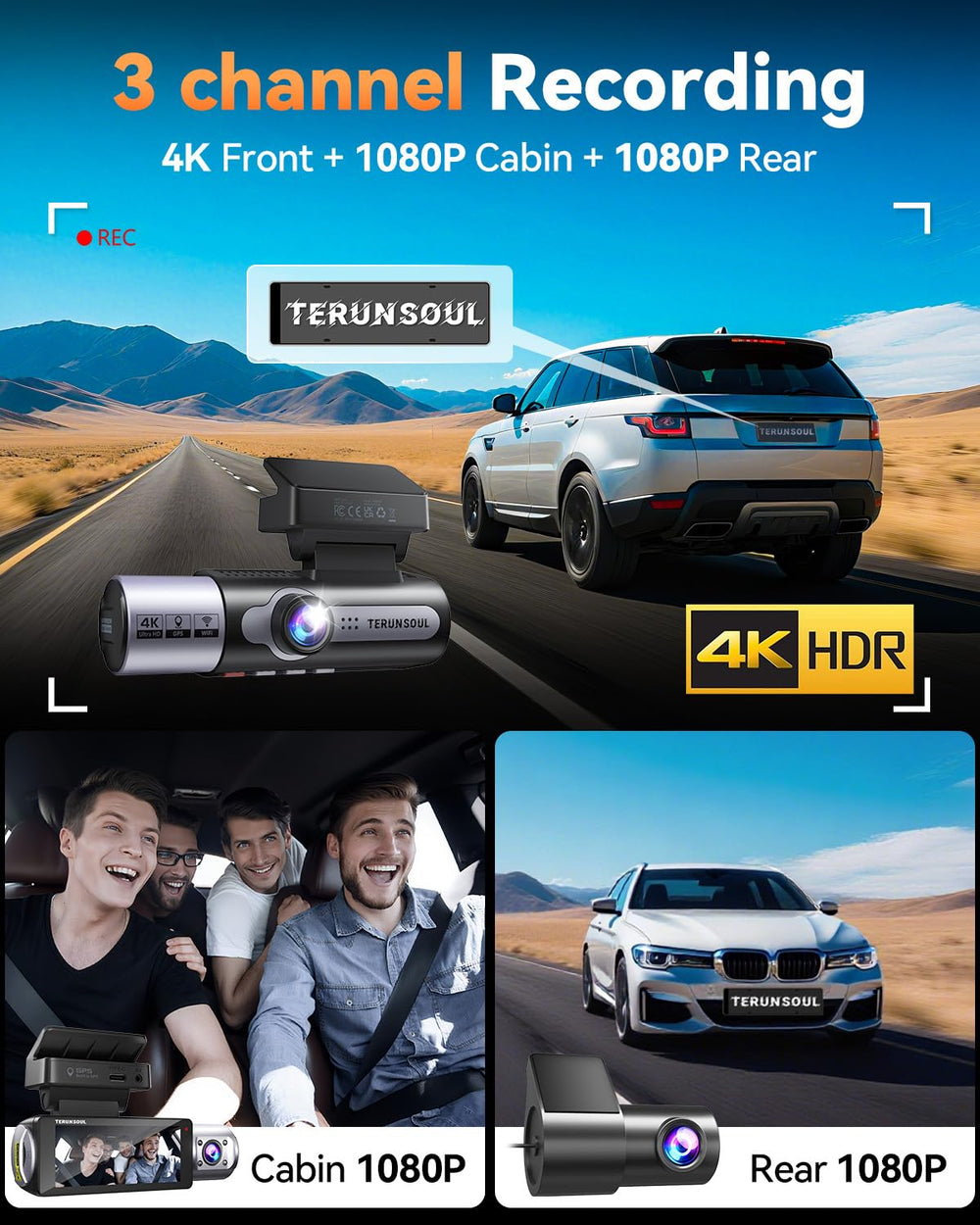 4K Dash Cam Front and Rear, Full HD 3 Channel Dashcam, Free 128GB Memory Card, Built-in 5.8GHz WiFi Built-in GPS, Collision Sensor, Night Vision, 3.16" IPS, 24H Parking Mode（Black）
