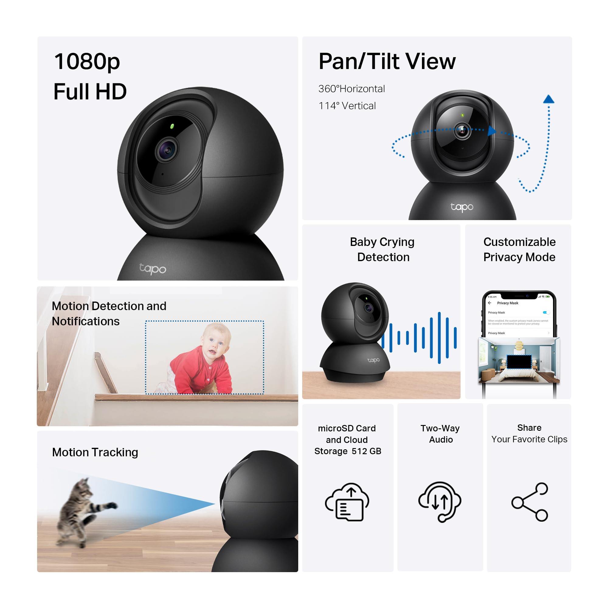 1080P Indoor Pan/Tilt Wired Security Camera - Works as a Baby & Pet Monitor, Motion Detection, 2-Way Audio, Siren, Night Vision, Subscription-Free Local Storage or Optional Cloud, Black, C201