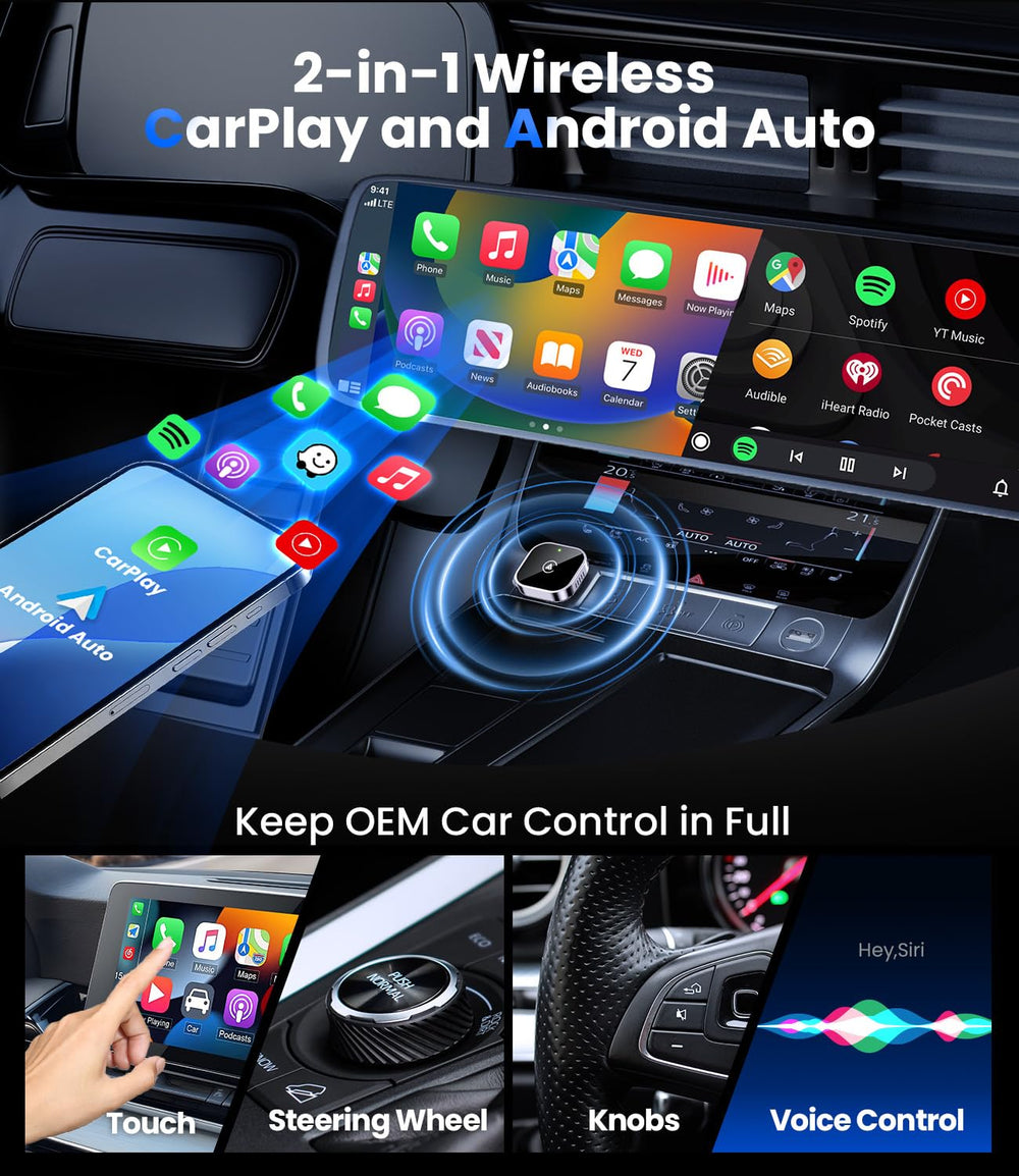2 in 1 Wireless CarPlay and Android Auto Adapter, Easy Setup Plug and Play, Fast Seamless Use Supports 1000+ Car's with Built-in Wired Car Play/Android Auto, Compact Sleek Design Car Adapter