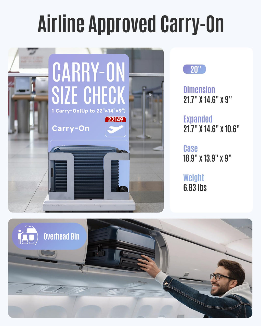 Carry On Luggage 22x14x9 Airline Approved, Durable Hard Shell Carry On Suitcases with Wheels, Expandable Hardside Lightweight Travel Luggage with TSA Lock, Royal Blue