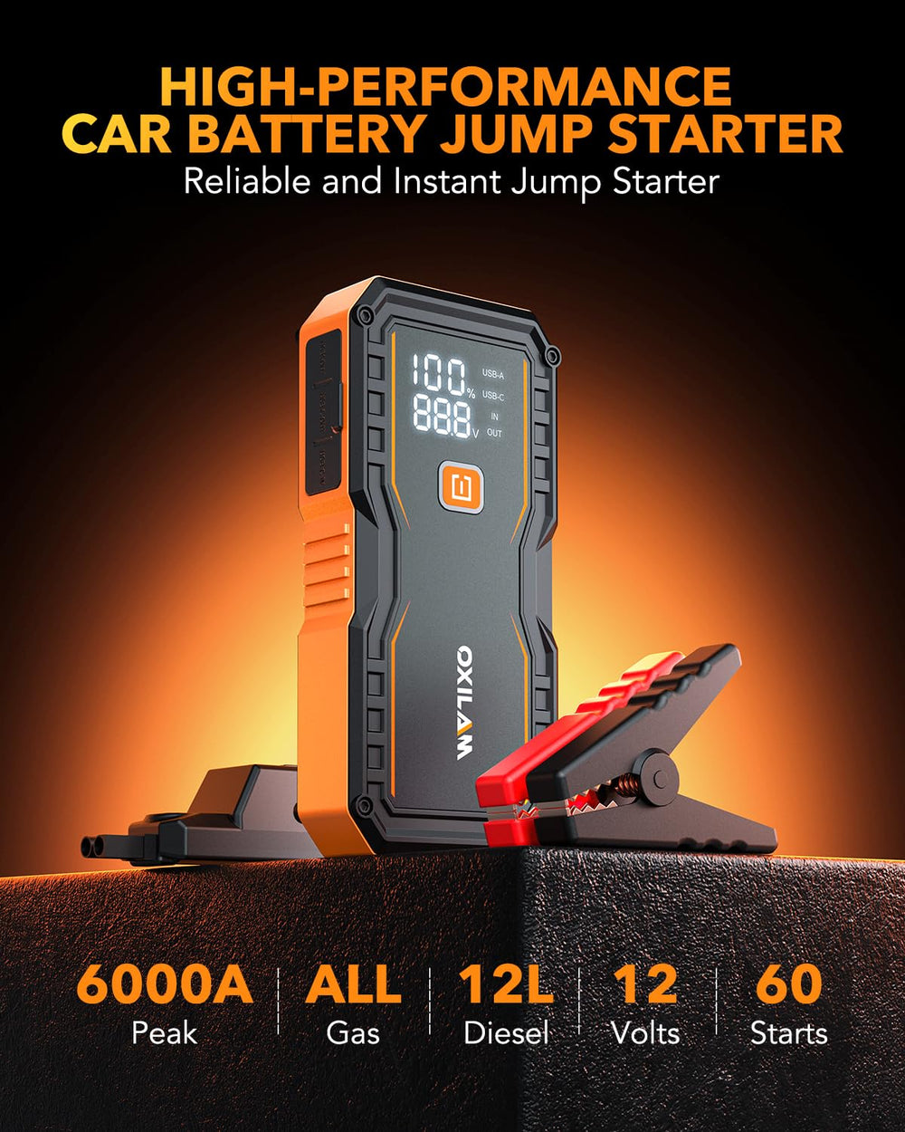 Jump Starter 6000A for All Gas/12L Diesel, Car Battery Jumper Starter Portable, 12V Lithium Jump Box with Jumper Cables, LED Display, LED Light, Power Bank with USB, Type C Port