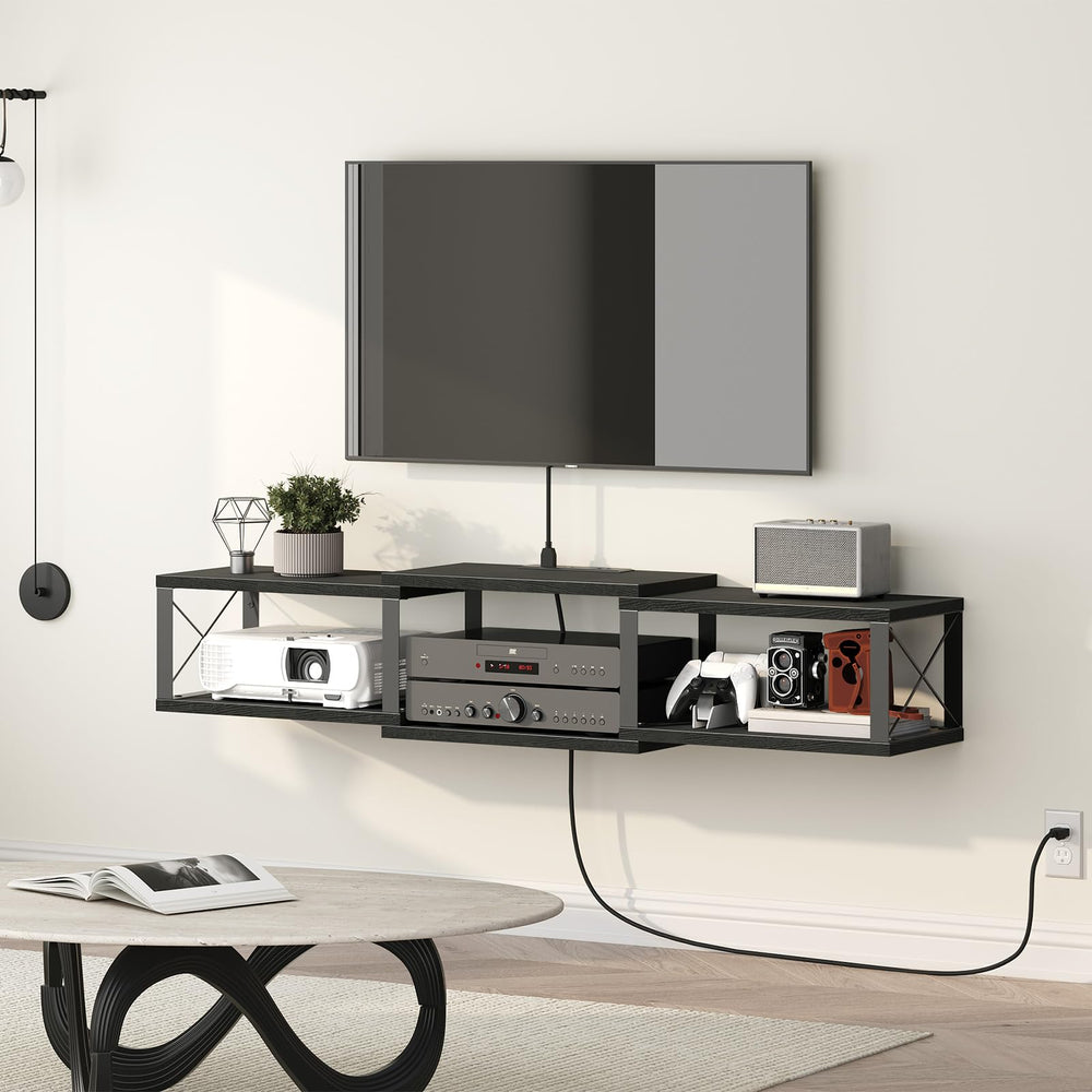 43.7” Floating TV Stand with Power Outlet, Wall-Mounted Entertainment Center, Floating Metal Frame Media Console Shelf for Under TV Storage, for Living Room, Bedroom, Black TVHB101E01