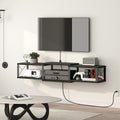 43.7” Floating TV Stand with Power Outlet, Wall-Mounted Entertainment Center, Floating Metal Frame Media Console Shelf for Under TV Storage, for Living Room, Bedroom, Black TVHB101E01