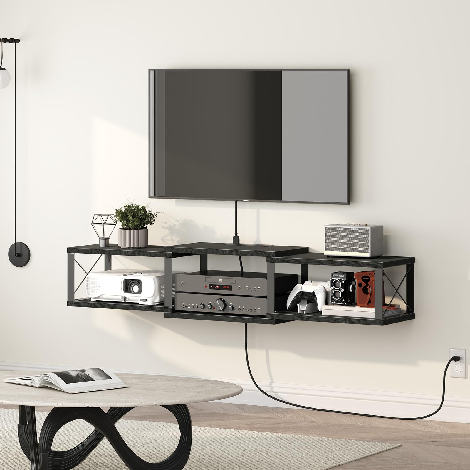 MAHANCRIS 43.7” Floating TV Stand with Power Outlet, Wall-Mounted Entertainment Center, Floating Metal Frame Media Console Shelf for Under TV Storage, for Living Room, Bedroom, Black TVHB101E01