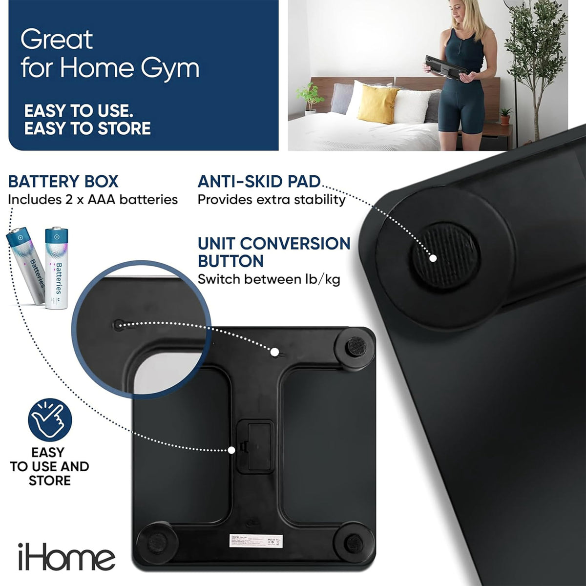 []iHome Digital Scale, Bathroom Scale, Batteries Included, Scale Body Weight, Weight Scale, Bathroom Scales for Weight, Digital Scales for Body Weight (Black)