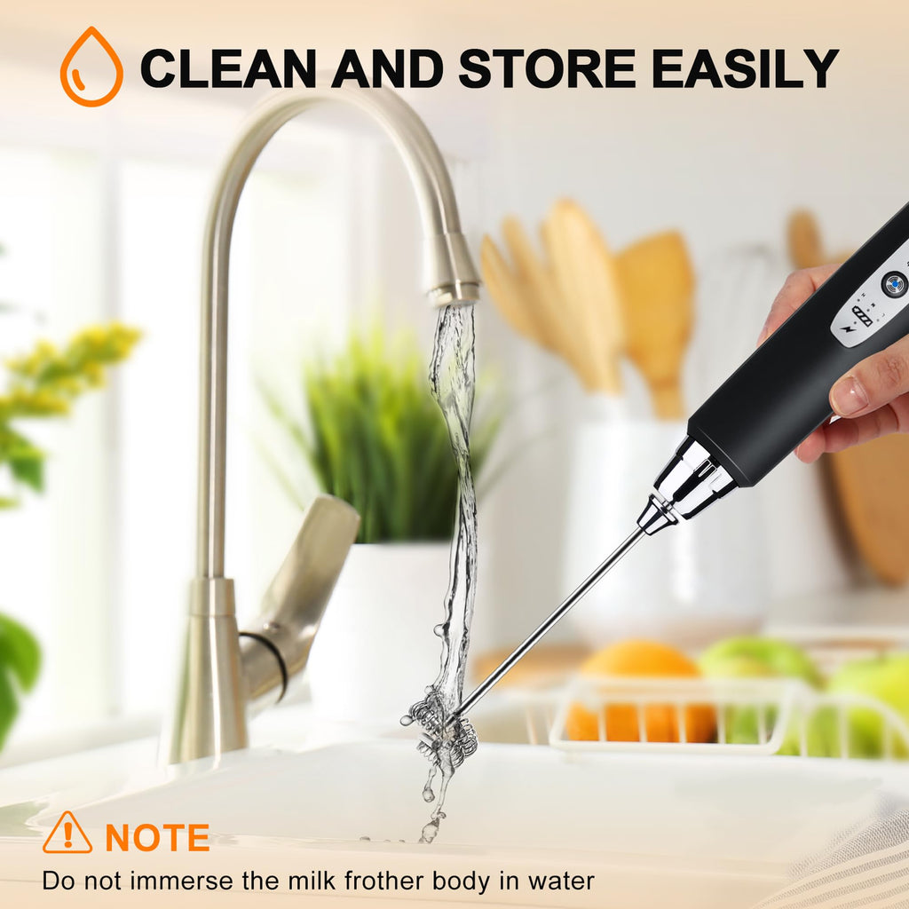 Black Handheld Milk Frother Wand for Coffee, Rechargeable Electric Whisk with 3 Heads 3 Speeds Drink Mixer Coffee Frother For Latte, Cappuccino, Hot Chocolate, Egg