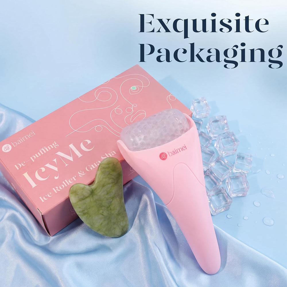 IcyMe Ice Roller for Face and Gua Sha Facial Tool Set, Ice Face Roller Reduces Puffiness Relieves Migraines Skin Care Tools, Self Care for Women - Pink