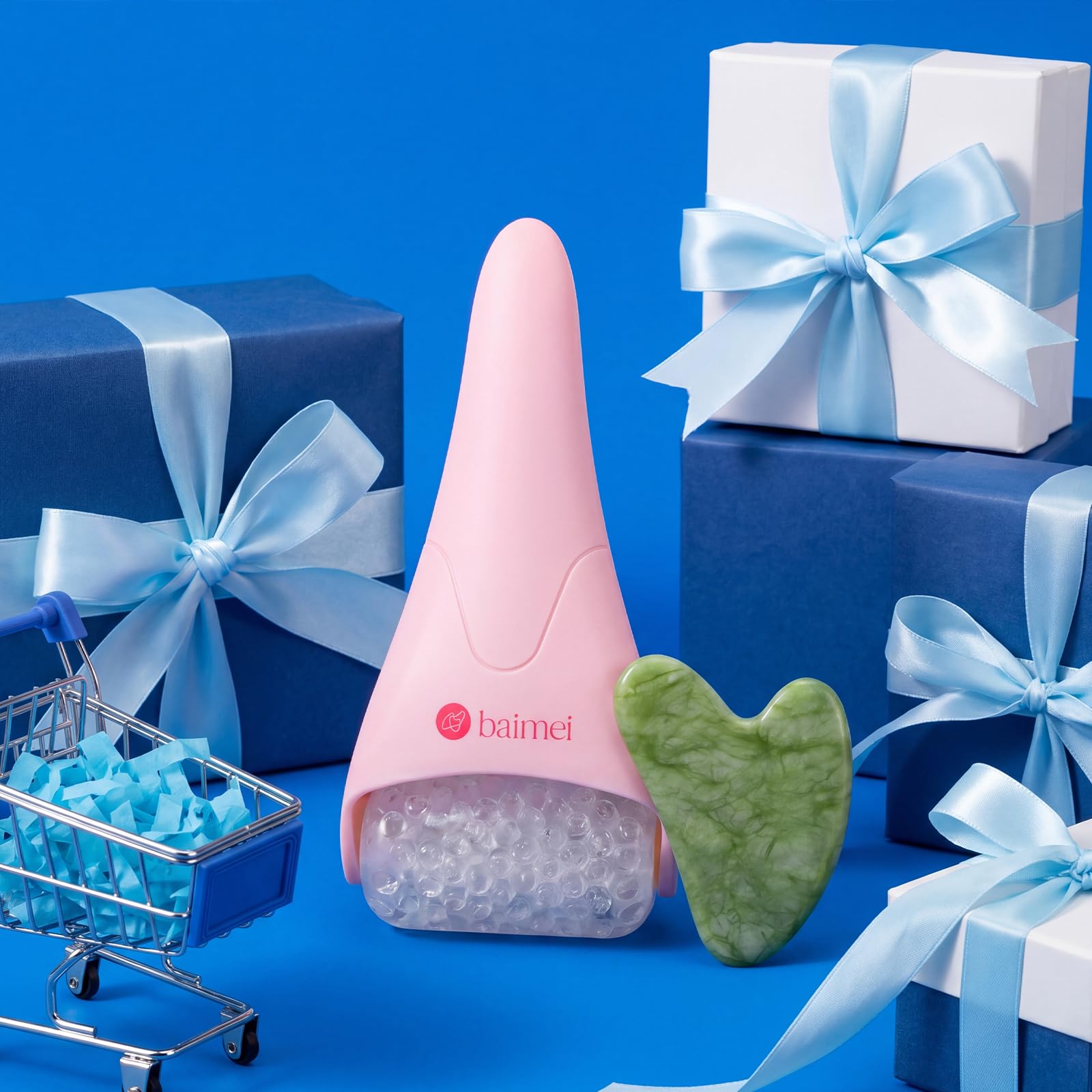 BAIMEI IcyMe Ice Roller for Face and Gua Sha Facial Tool Set, Ice Face Roller Reduces Puffiness Relieves Migraines Skin Care Tools, Self Care for Women - Pink