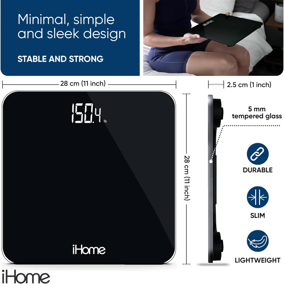 []iHome Digital Scale, Bathroom Scale, Batteries Included, Scale Body Weight, Weight Scale, Bathroom Scales for Weight, Digital Scales for Body Weight (Black)