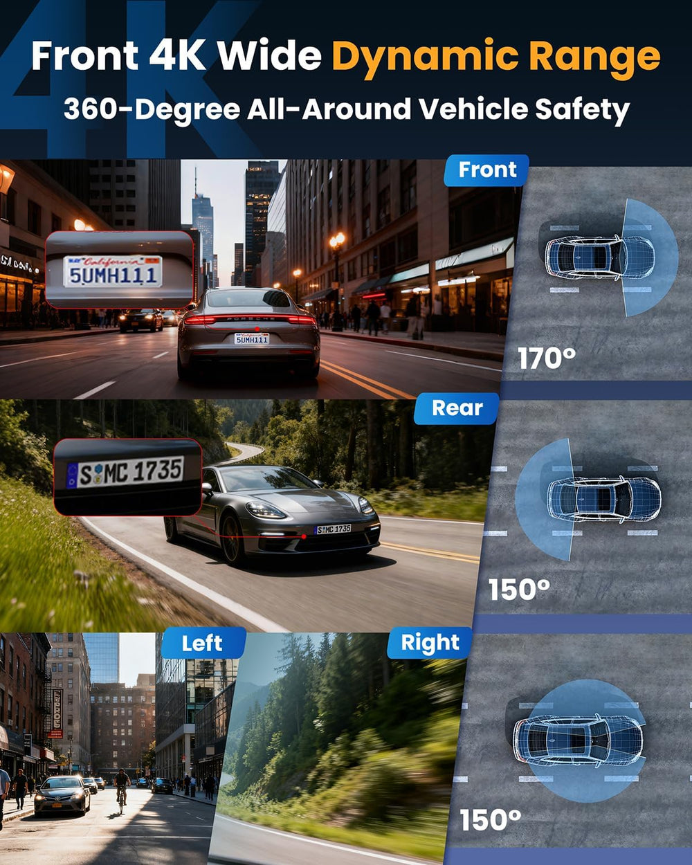 XYGCACO 4 Channel 360° Dash Cam Front Rear Inside and Left Right, 4K+1080P*3 FHD Car Camera, 5GHz WiFi and App Control, 24H Parking Mode, 8 IR Lamps Night Vision, Includes 64GB SD Card, Black