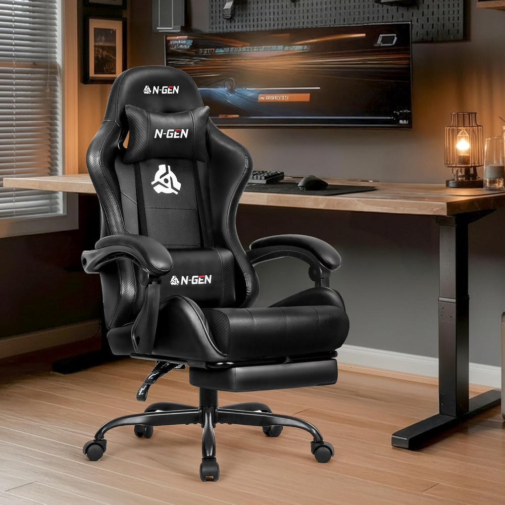 Video Gaming Chair with Footrest Lumbar Support for Home Office High Back Recliner Height Adjustable Ergonomic Comfy Leather Computer Desk Chair (Carbon Black)
