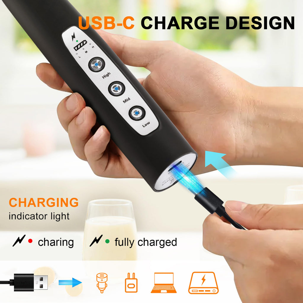 Black Handheld Milk Frother Wand for Coffee, Rechargeable Electric Whisk with 3 Heads 3 Speeds Drink Mixer Coffee Frother For Latte, Cappuccino, Hot Chocolate, Egg