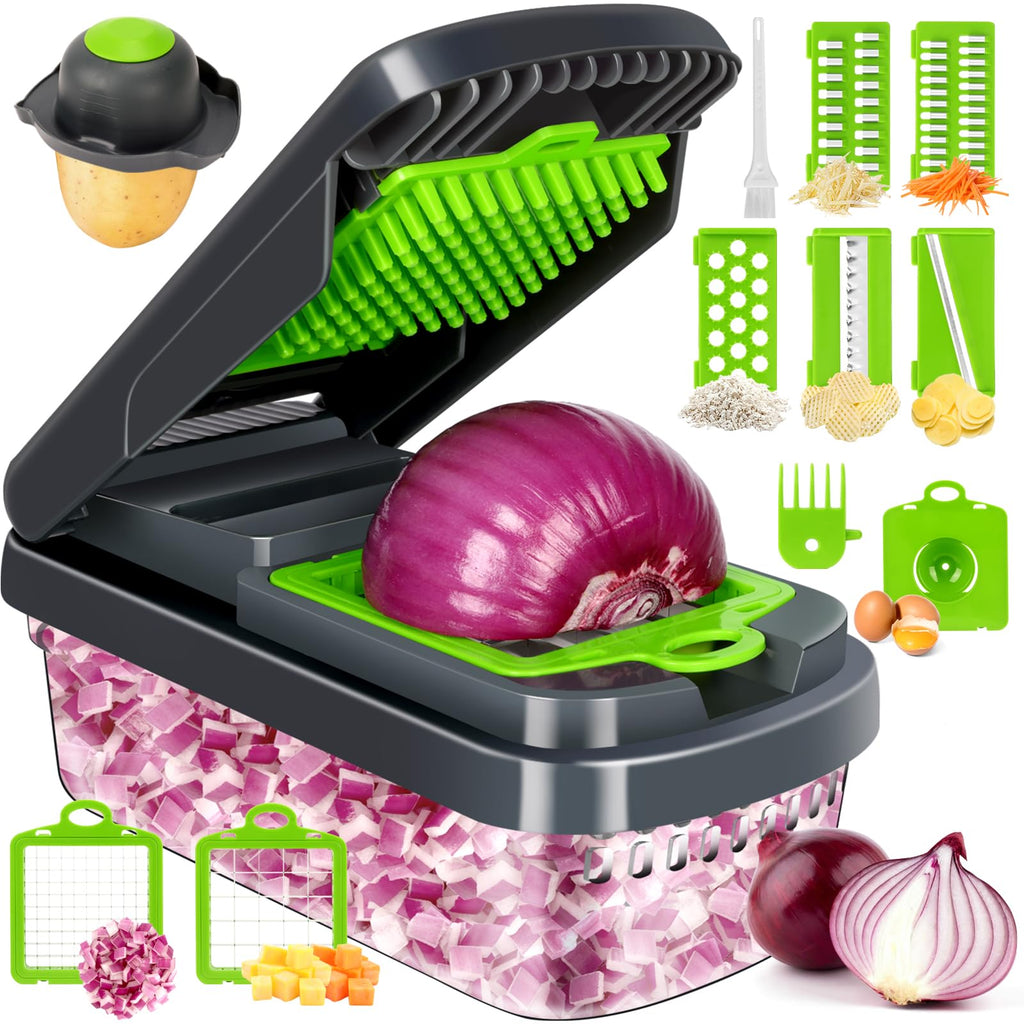 Vegetable Chopper,12-in-1 Multifunctional Food Chopper,Professional Onion Chopper with 7 Blades,Vegetable Cutter with Container for Salad,Potato,Carrot,and Garlic; Essential Kitchen Tool(Grey)