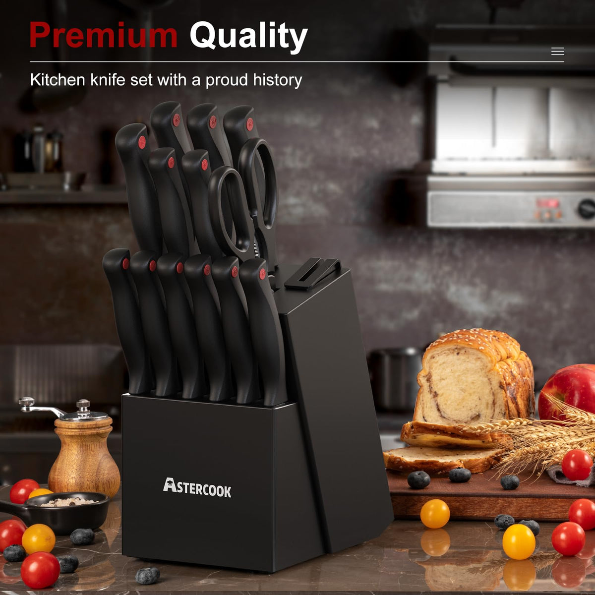 Knife Set, Astercook 15 Pieces Knife Sets for Kitchen with Block, Dishwasher Safe Kitchen Knife Set with Built in Sharpener Block, German Stainless Steel Kitchen Utensils Set