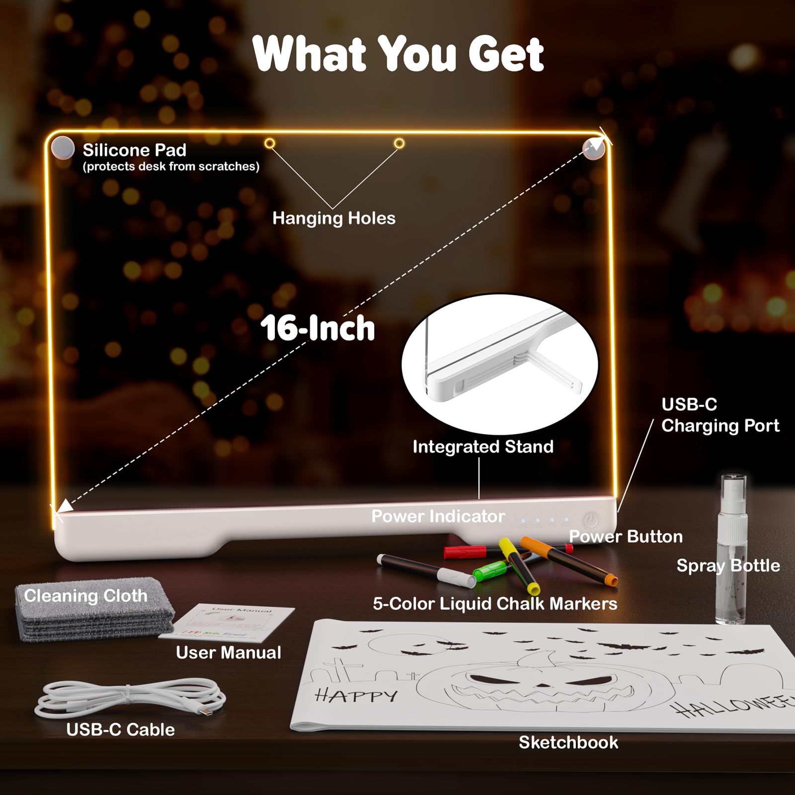 16" Rechargeable LED Drawing Board, 9-Color Light Modes, Neon Art Dry Erase Light Up Doodle Glow Pad with Built-in Stand, Sketching Gift Toy for Kids/Girls/Teens, 7 Markers & Tracing Book