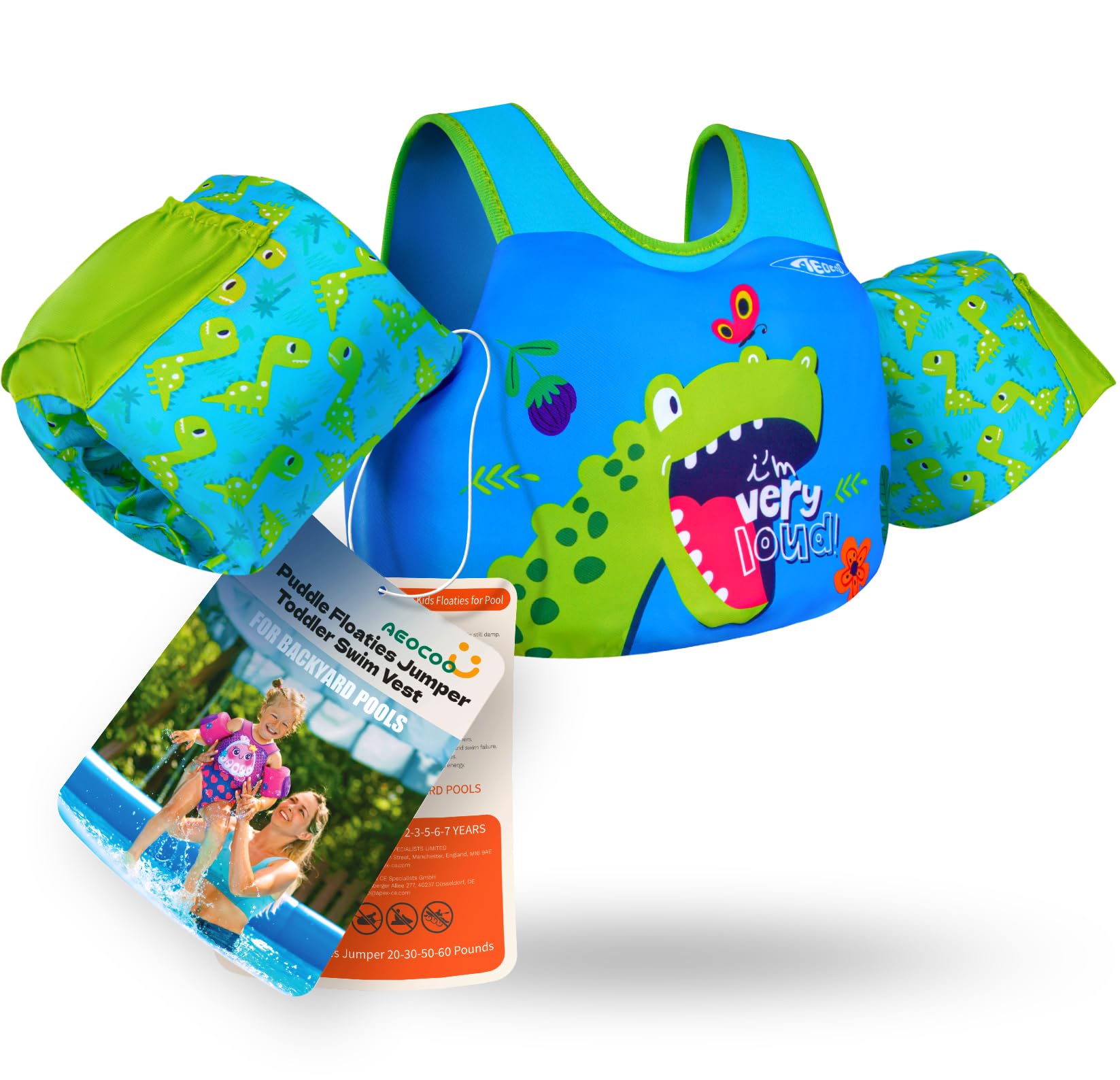 Puddle Float Jumper 20-30-50 Pounds, Toddler Swim Vest for 1-3-5 Years Old, Pool Floats with Swimming Arm Floaties Swim Jacket with Water Wings for Kids Swimmies, Boys, Girls, Niños, Dinosaur