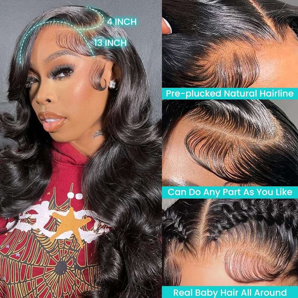13x4 Body Wave Lace Front Wigs Human Hair Pre Plucked HD Transparent Lace Frontal Wig with Baby Hair 180% Density 9A Glueless Brazilian Human Hair Lace Front Wigs for Black Women Natural Black 28 Inch