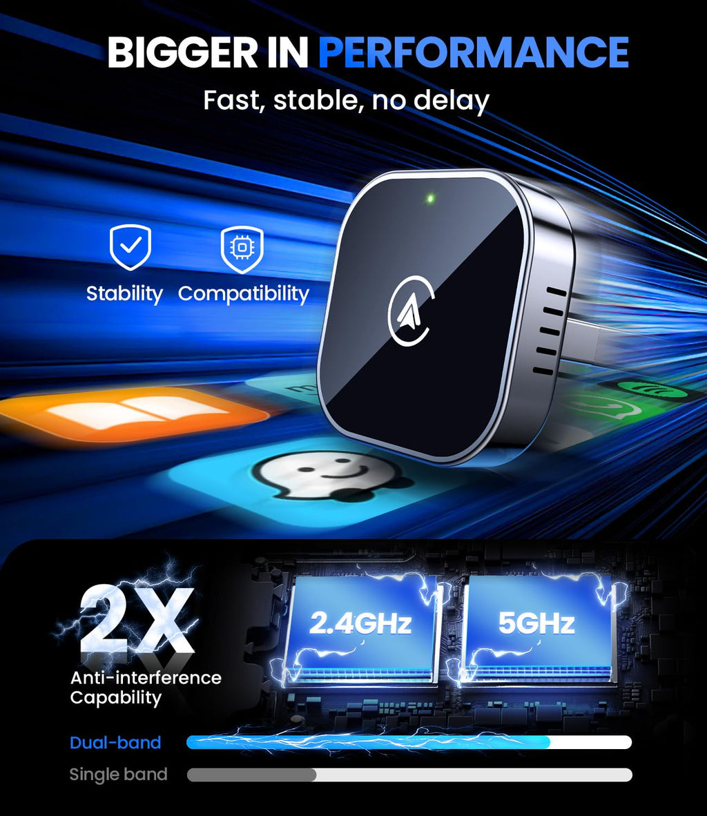 2 in 1 Wireless CarPlay and Android Auto Adapter, Easy Setup Plug and Play, Fast Seamless Use Supports 1000+ Car's with Built-in Wired Car Play/Android Auto, Compact Sleek Design Car Adapter