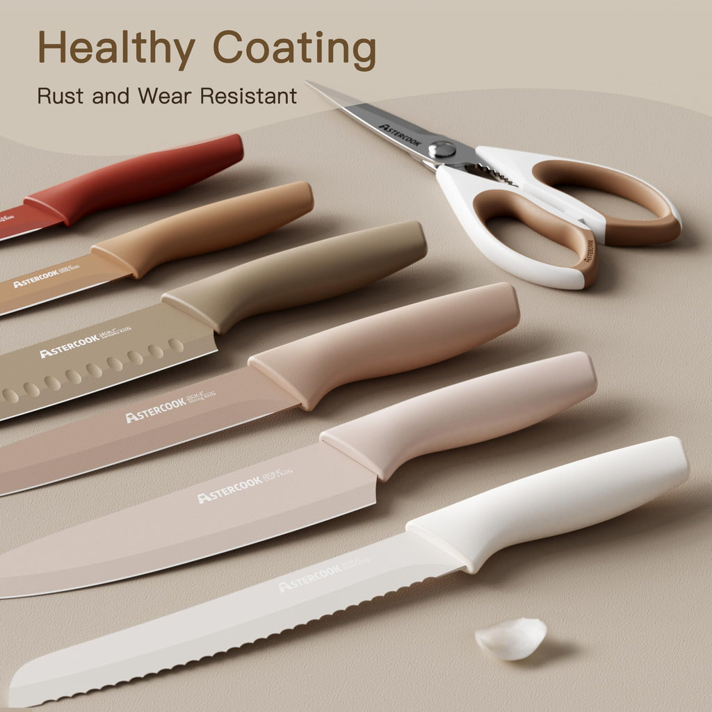 []Astercook Knife Set, 13 Pieces Kitchen Knives Set with Healthy Anti-Rust Coating, Dishwasher Safe, Stainless Steel Chef Knife Sets with 6 Blade Guards, Perfect Holiday Gifts for Kitchen