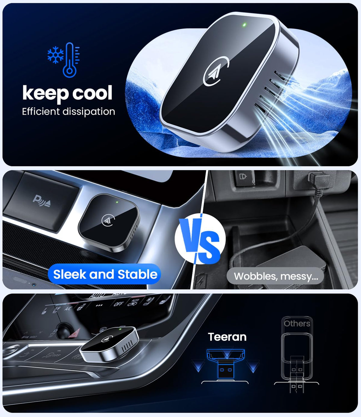 Teeran 2 in 1 Wireless CarPlay and Android Auto Adapter, Easy Setup Plug and Play, Fast Seamless Use Supports 1000+ Car's with Built-in Wired Car Play/Android Auto, Compact Sleek Design Car Adapter