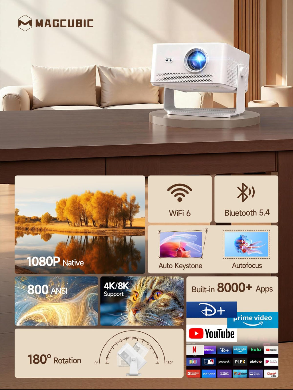 [Android 14 & 800ANSI] Magcubic Mini Projector 4K 8K Support, Smart Projector Native 1080P with WiFi 6, Bluetooth 5.4, Auto Focus, Auto Keystone, 180° Rotation, Portable Projetor for Bedroom HY450Max