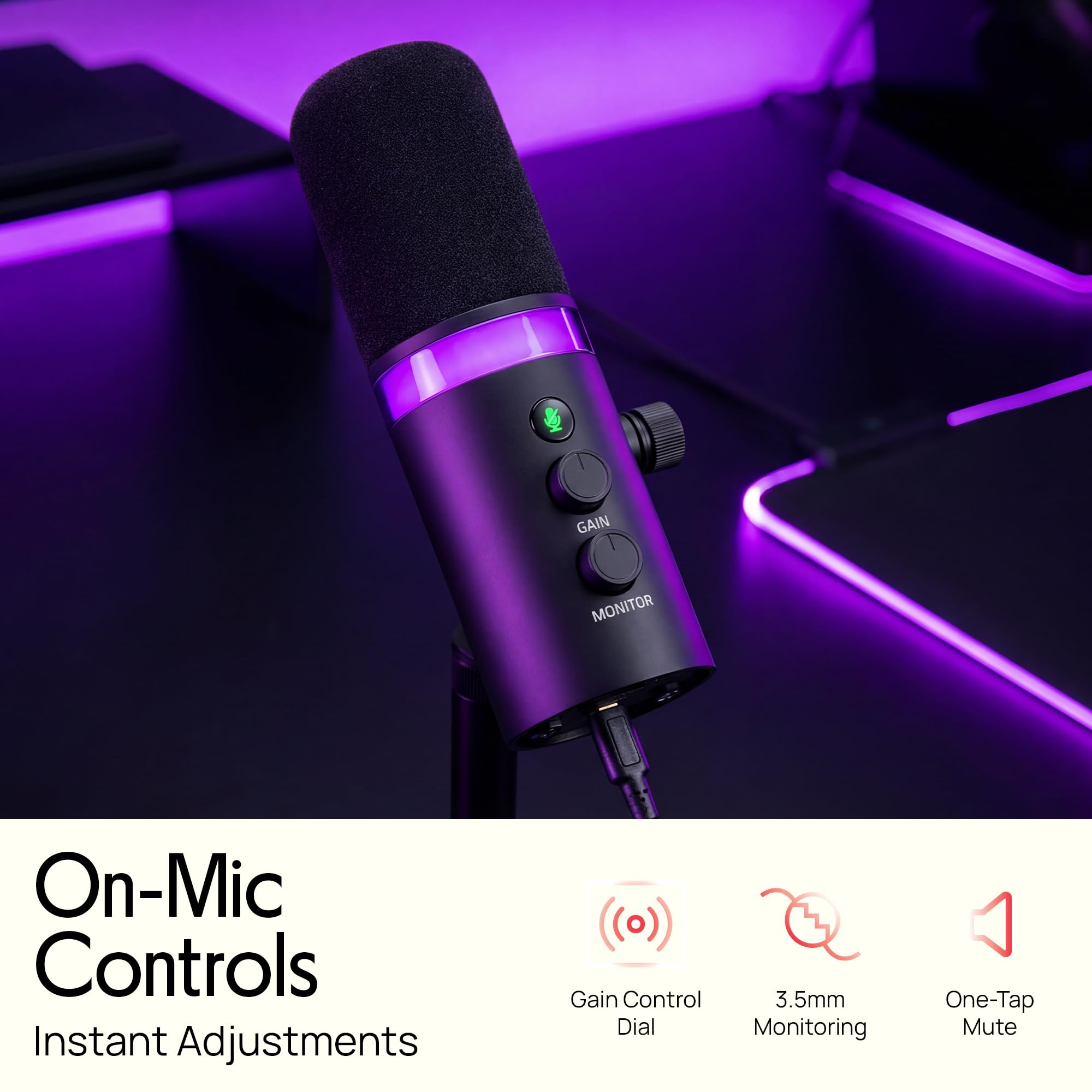 Pyle Dynamic USB/XLR Microphone for Podcasting, Streaming & Gaming, Cardioid Recording Mic with RGB Lighting, Mute Button, Zero-Latency Monitoring, Volume Control & Desktop Stand (PDMIC7B)