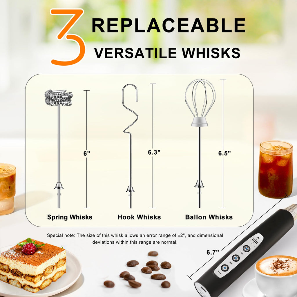 Black Handheld Milk Frother Wand for Coffee, Rechargeable Electric Whisk with 3 Heads 3 Speeds Drink Mixer Coffee Frother For Latte, Cappuccino, Hot Chocolate, Egg