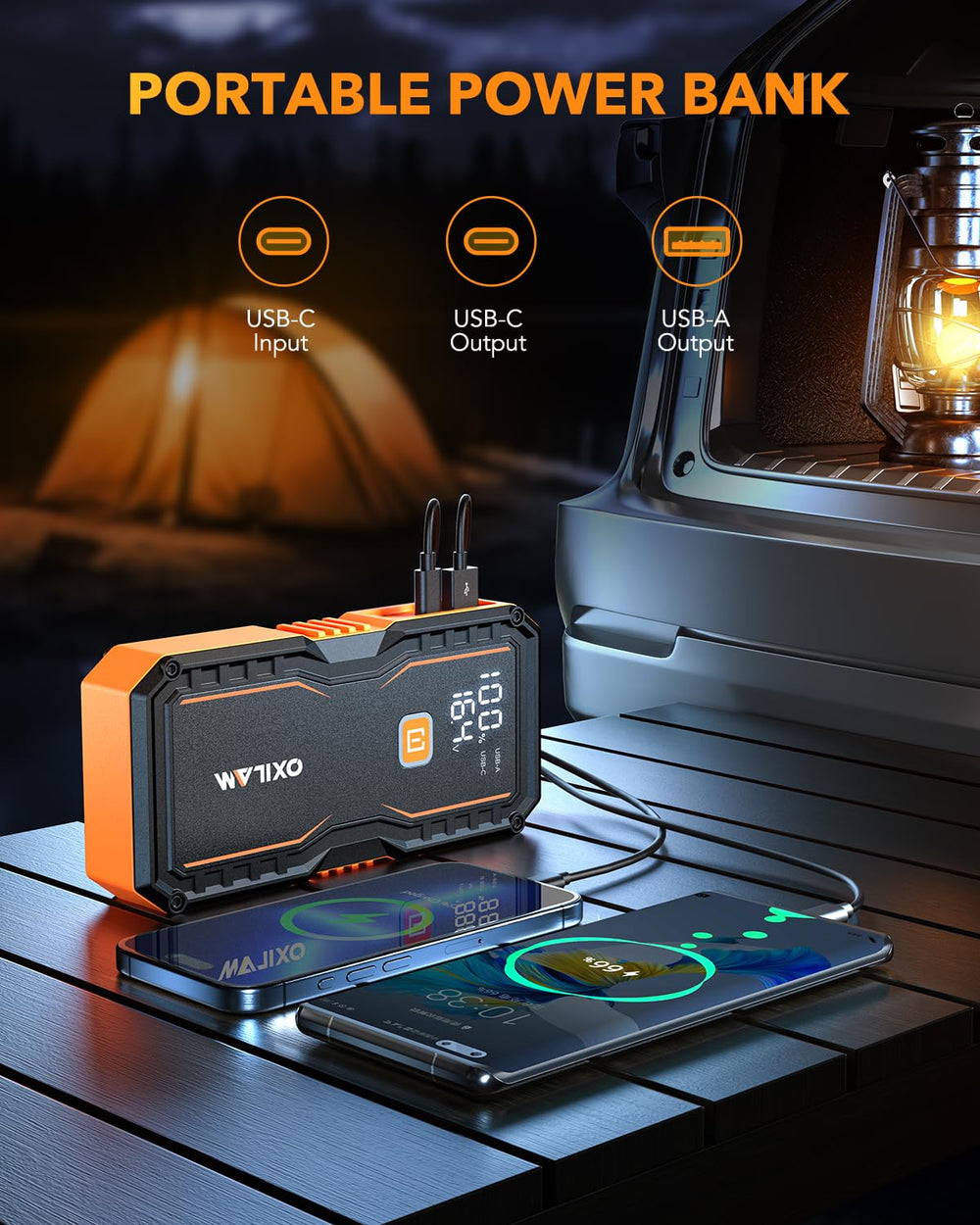 Jump Starter 6000A for All Gas/12L Diesel, Car Battery Jumper Starter Portable, 12V Lithium Jump Box with Jumper Cables, LED Display, LED Light, Power Bank with USB, Type C Port