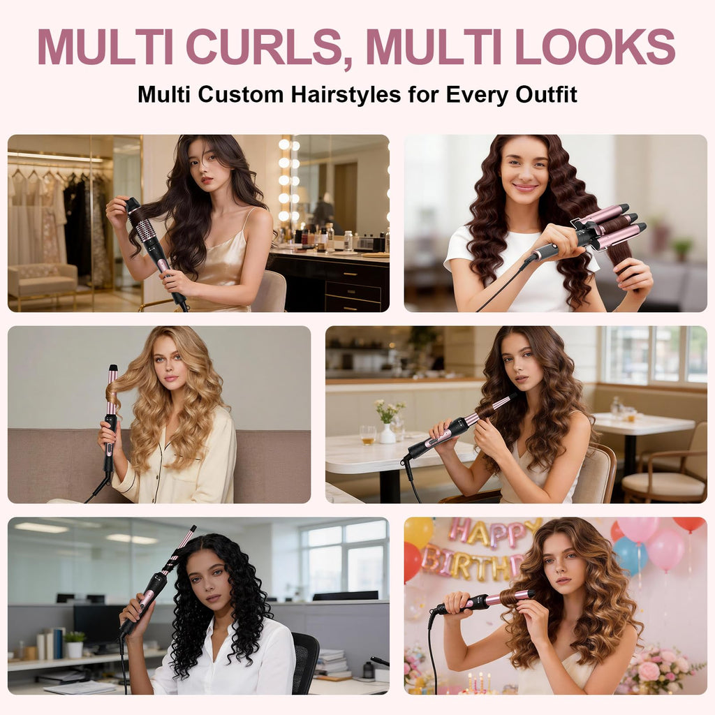 6 in 1 Wand Curling Iron Set, 3 Barrel Curling Wand Set with Thermal Brush (1.5") and 5 Interchangeable Ceramic Hair Wand Curler (0.35"-1.25"), Home Travel Multi Curl, 2 Temp 30S Instant Heat Up