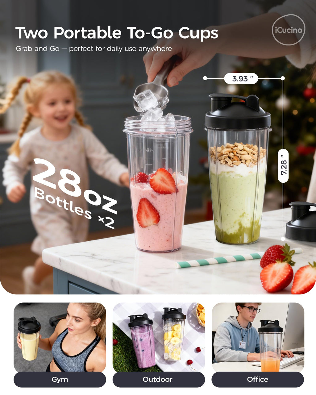 Smoothie Blender, Personal Blender for Shakes and Smoothies, 700W Pulse Technology Single Serve Blenders with 2 x 28oz Protable Cups for Ice Crush, Frozen Fruit Drinks