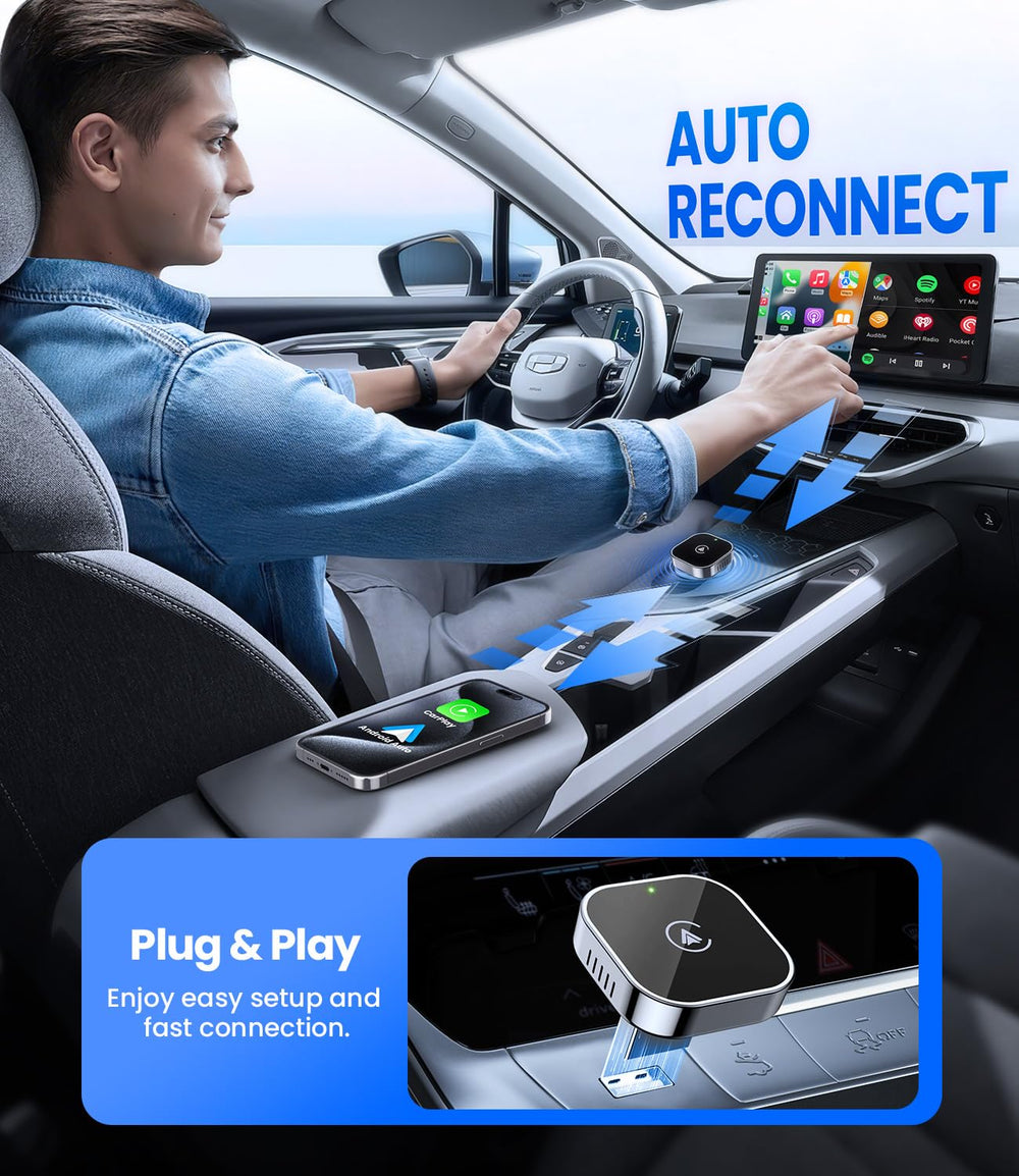 2 in 1 Wireless CarPlay and Android Auto Adapter, Easy Setup Plug and Play, Fast Seamless Use Supports 1000+ Car's with Built-in Wired Car Play/Android Auto, Compact Sleek Design Car Adapter