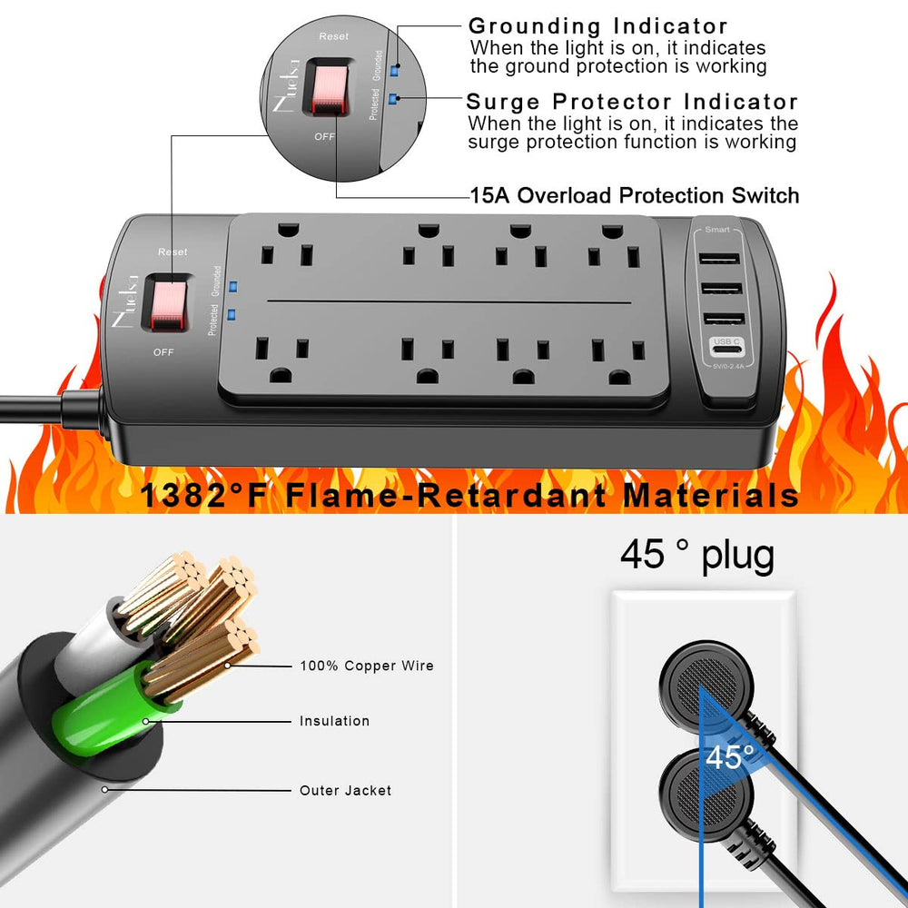 Surge Protector Power Strip - Nuetsa Flat Plug Extension Cord with 8 Outlets and 4 USB Ports, 6 Feet Power Cord, 2700 Joules, ETL Listed, Black