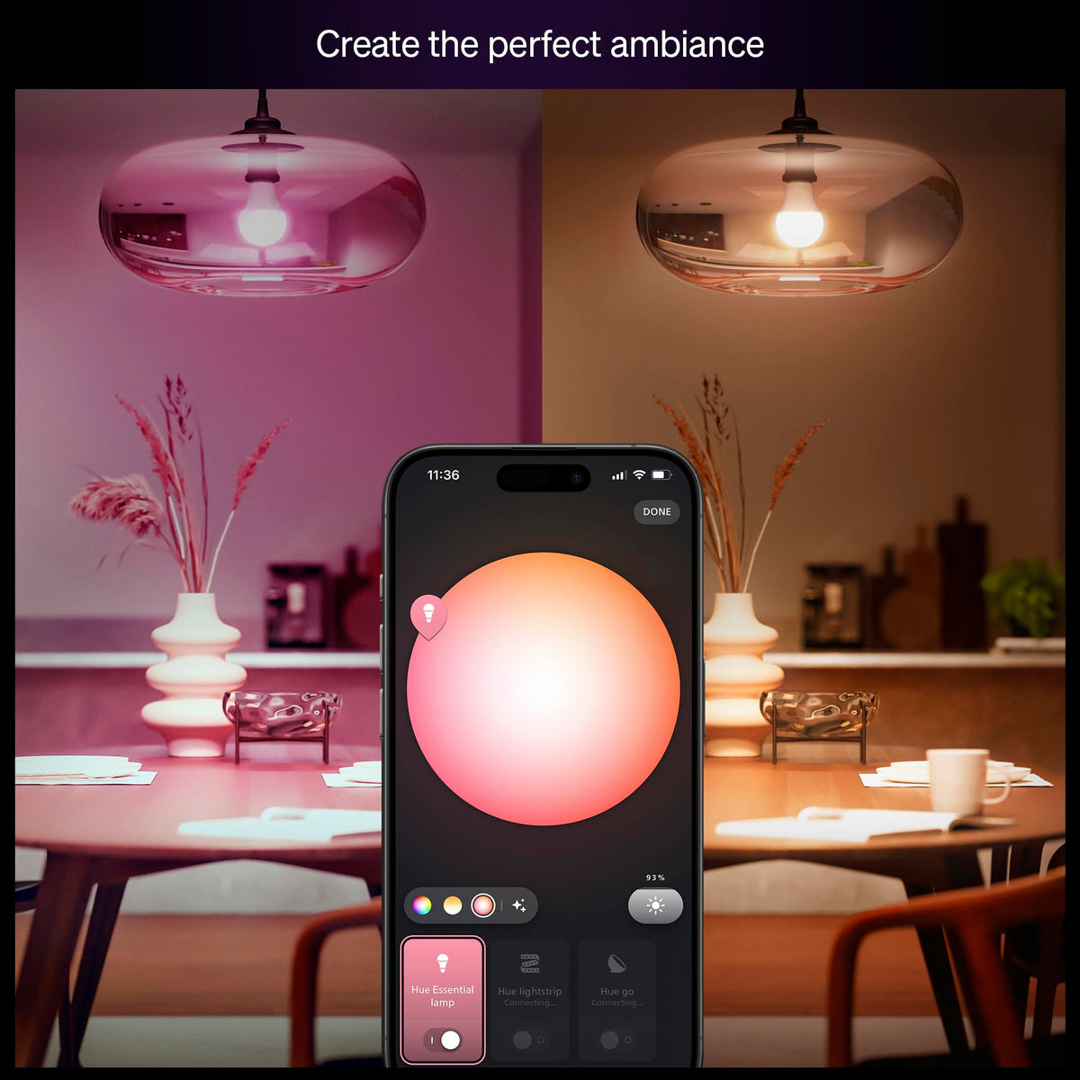 Essential Smart LED A19 Bulb, White and Color Ambiance, E26 Base, 8.8W, 2200K-6500K, 800 Lumens, Dimmable, Works with Alexa, Google, and Apple Home, 1-Pack