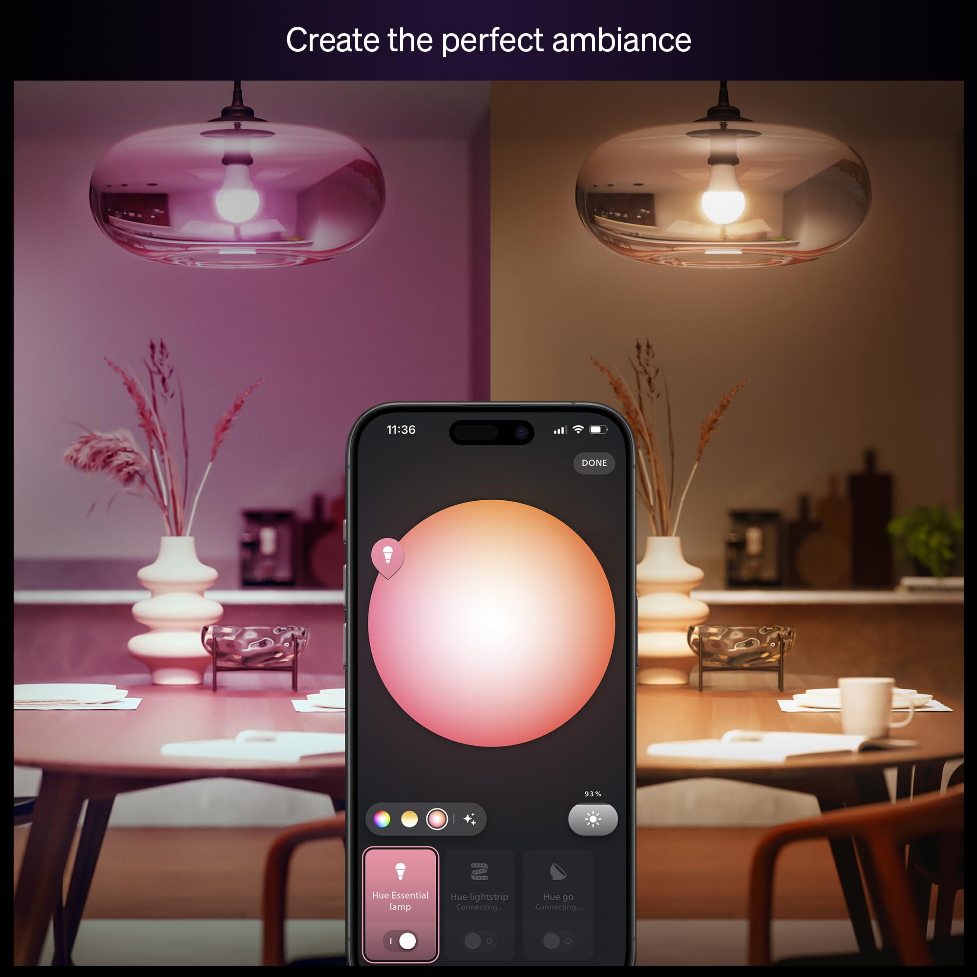 Philips Hue Essential Smart LED A19 Bulb, White and Color Ambiance, E26 Base, 8.8W, 2200K-6500K, 800 Lumens, Dimmable, Works with Alexa, Google, and Apple Home, 1-Pack