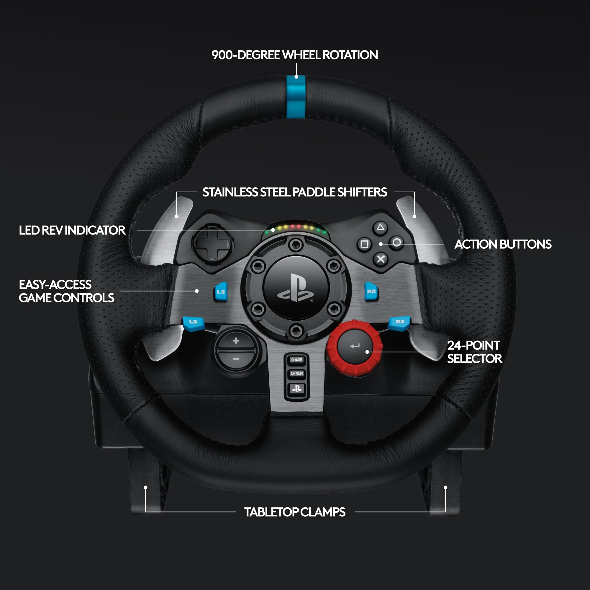 G29 Driving Force Racing Wheel and Floor Pedals, Real Force Feedback, Stainless Steel Paddle Shifters, Leather Steering Wheel Cover for PS5, PS4, PC, Mac - Black