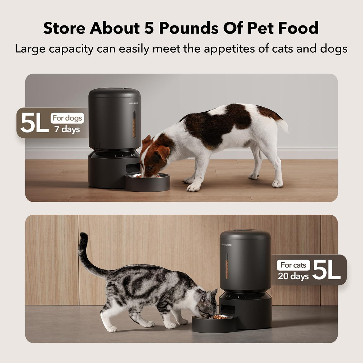 Automatic Cat Feeder, 5G WiFi Automatic Dog Food Dispenser with Freshness Preservation, 5L Timed Pet Feeder with Low Food Sensor, Up to 10 Meals Per Day, Granary Black
