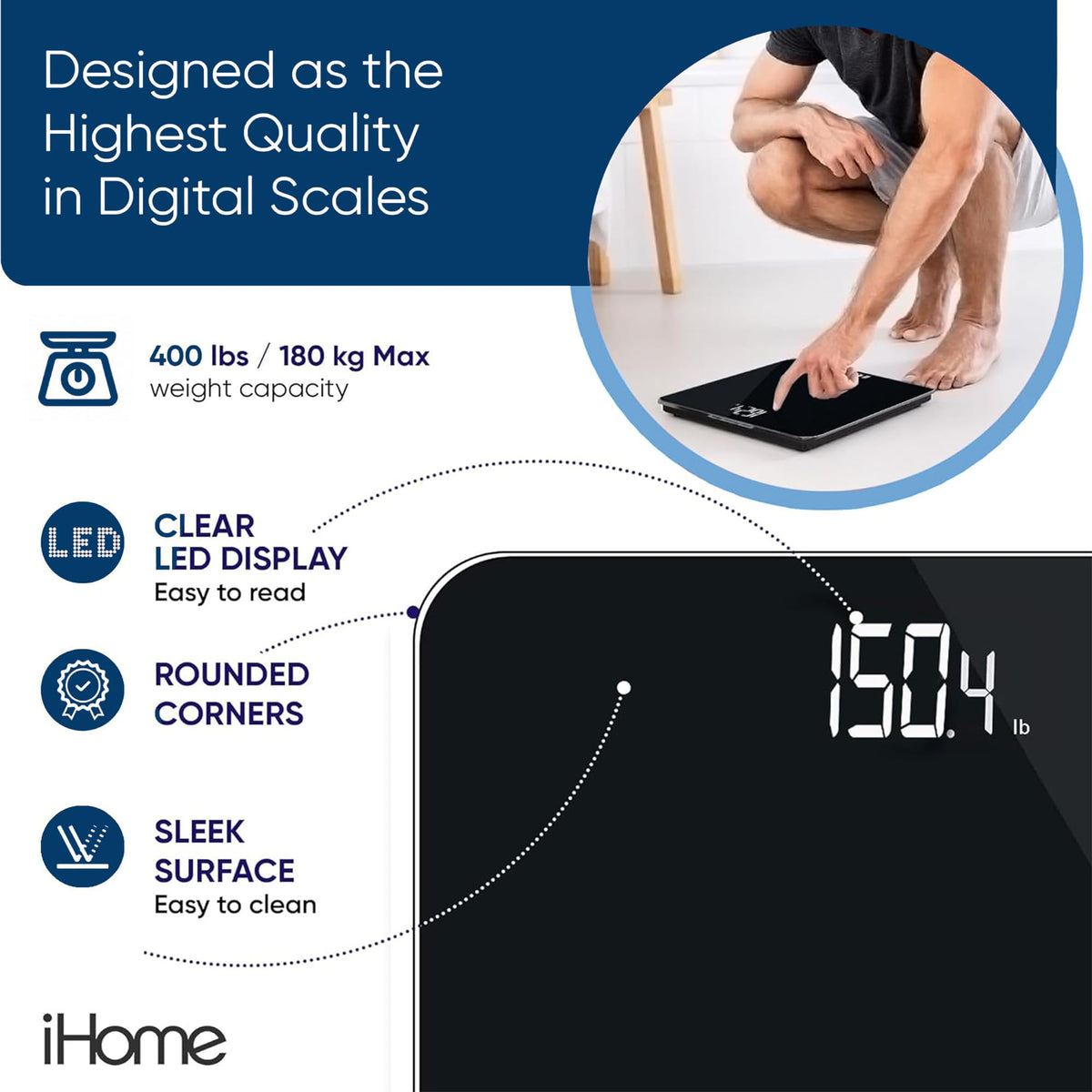 []iHome Digital Scale, Bathroom Scale, Batteries Included, Scale Body Weight, Weight Scale, Bathroom Scales for Weight, Digital Scales for Body Weight (Black)