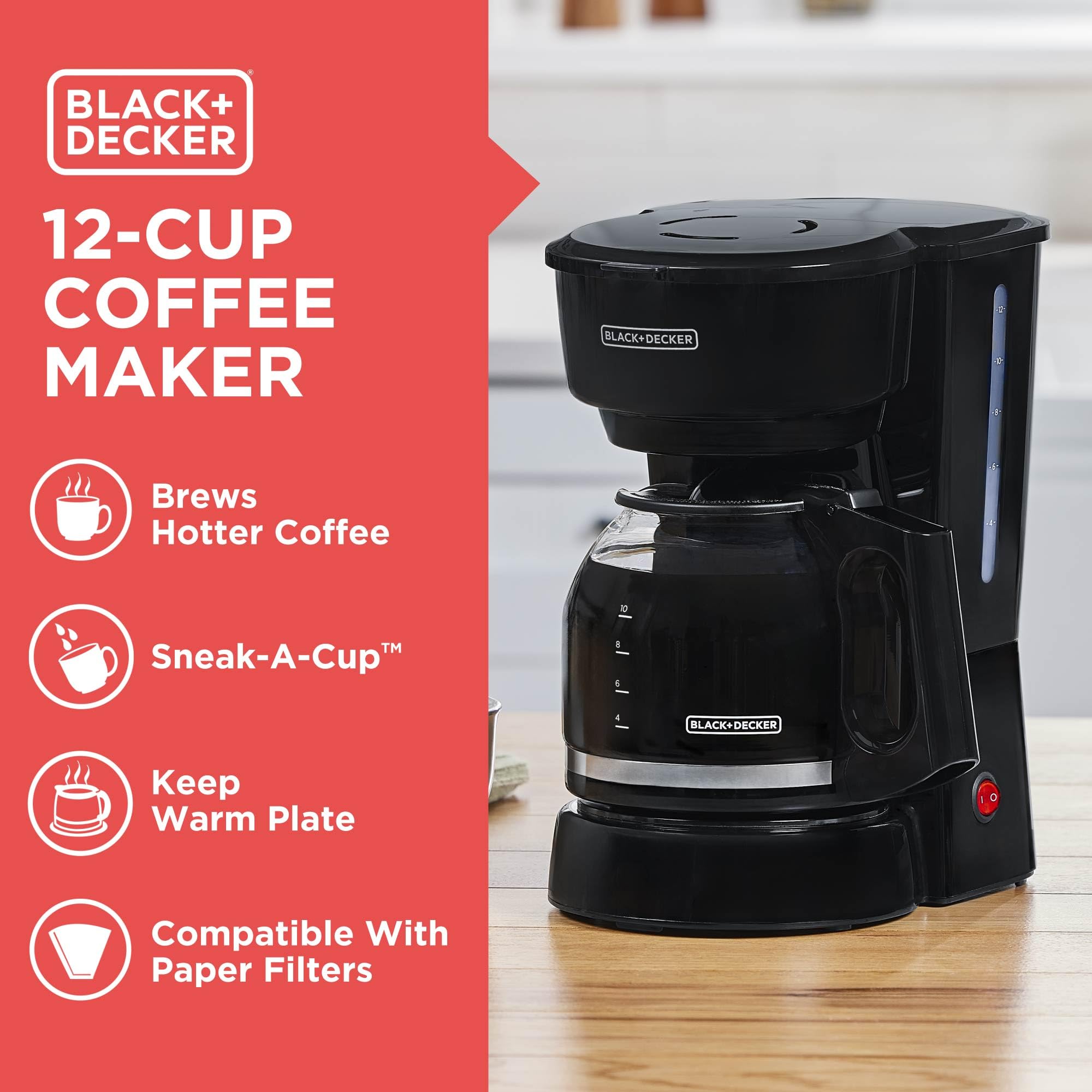 12-Cup Coffee Maker with Easy On/Off Switch, Easy Pour, Non-Drip Carafe with Removable Filter Basket, Vortex Technology, Black