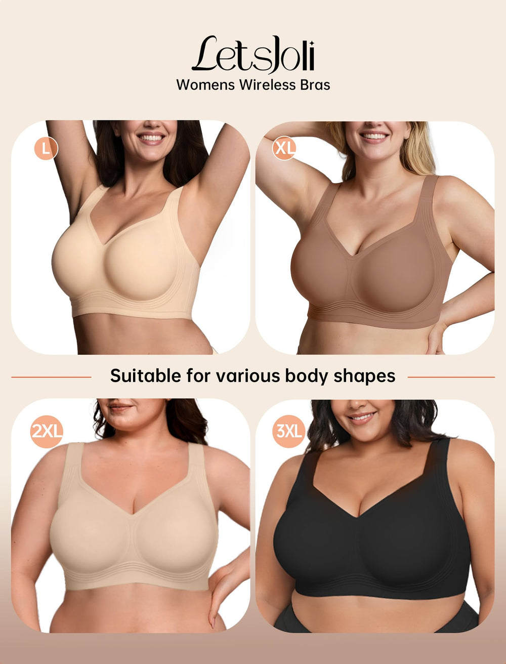 []LetsJoli Jelly Bras for Women Supportive Wireless Push Up Bra Full Coverage No Underwire Seamless Plus Size for Older Women（Nude,XL)
