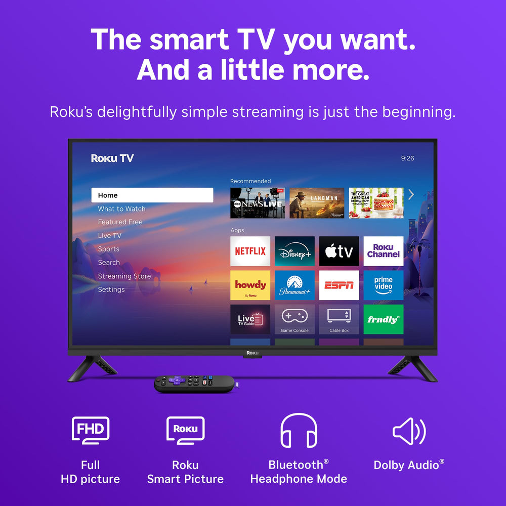Smart TV 2026 – 32-Inch Select Series, 1080p Full HD TV – Roku TV with Voice Remote – Flat Screen LED Television with Wi-Fi for Streaming Live Local News Sports & Movies, Bluetooth Headphone Mode
