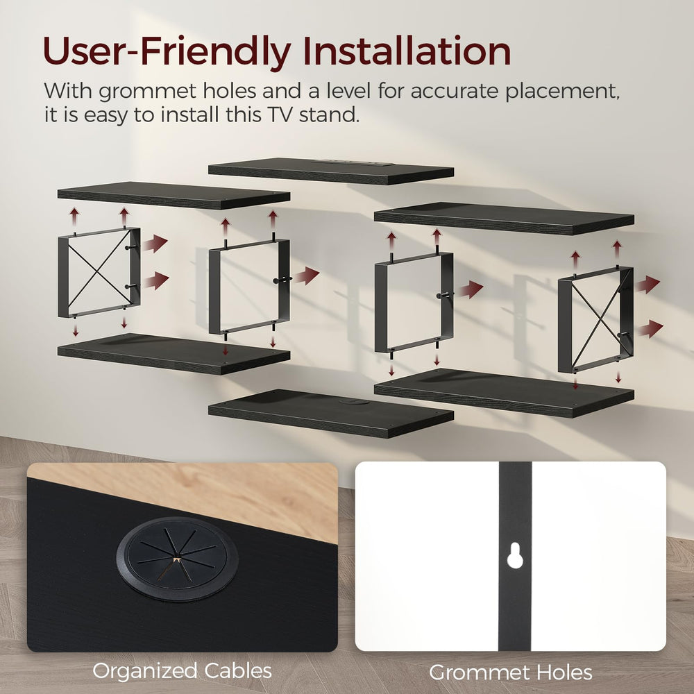 43.7” Floating TV Stand with Power Outlet, Wall-Mounted Entertainment Center, Floating Metal Frame Media Console Shelf for Under TV Storage, for Living Room, Bedroom, Black TVHB101E01