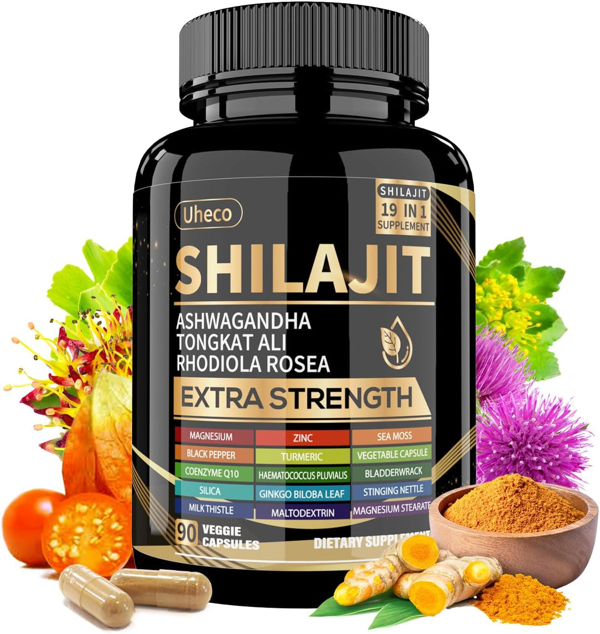 Uheco Shilajit Capsules, 19-in-1 Supplement with Sea Moss, Ashwagandha, Tongkat Ali & Fulvic Acid, Natural Mineral Wellness Supplement, Gluten Free, Non-GMO, 90 Capsules