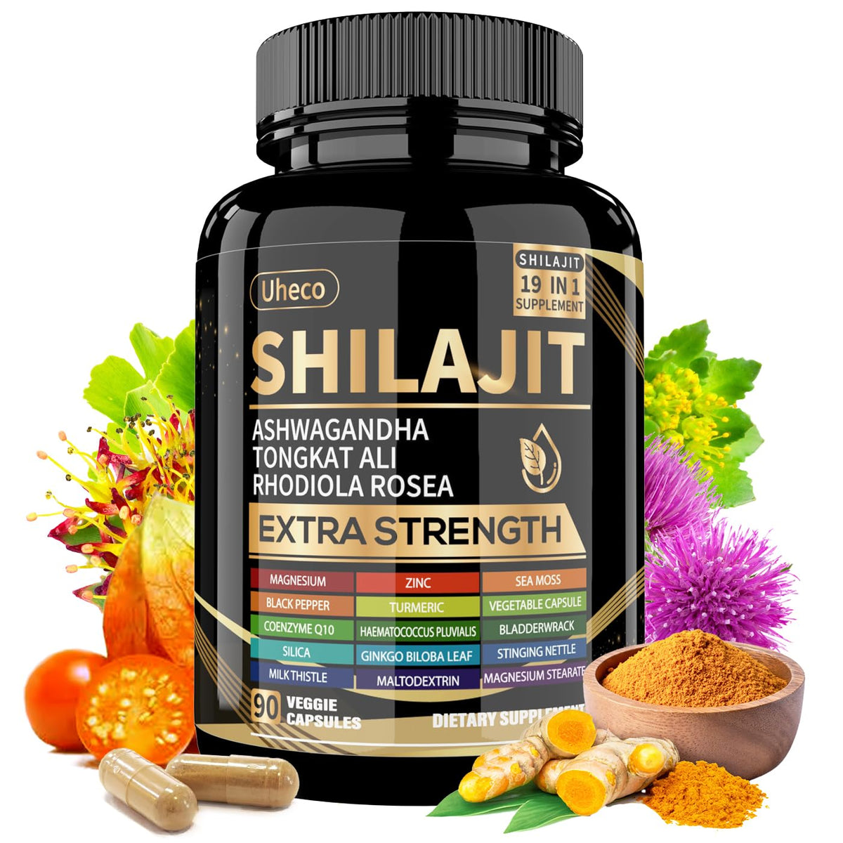 Uheco Shilajit Capsules, 19-in-1 Supplement with Sea Moss, Ashwagandha, Tongkat Ali & Fulvic Acid, Natural Mineral Wellness Supplement, Gluten Free, Non-GMO, 90 Capsules