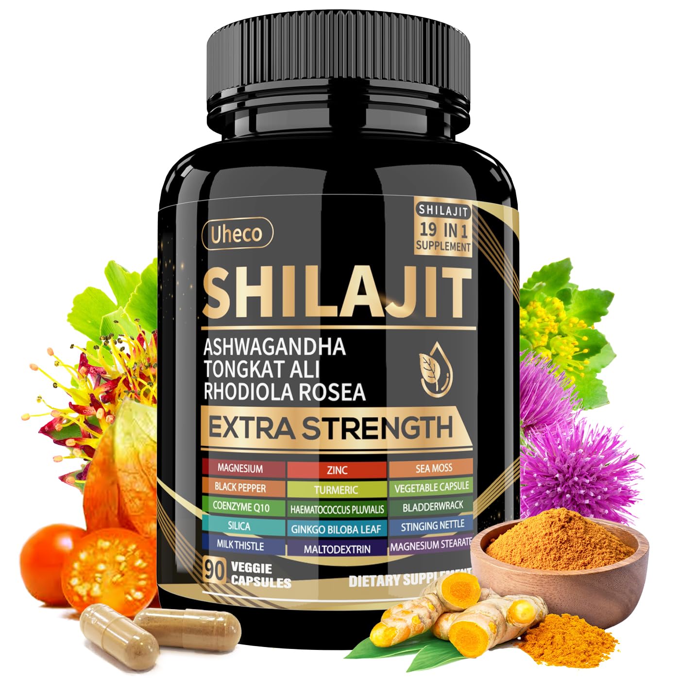 Shilajit Capsules, 19-in-1 Supplement with Sea Moss, Ashwagandha, Tongkat Ali & Fulvic Acid, Natural Mineral Wellness Supplement, Gluten Free, Non-GMO, 90 Capsules