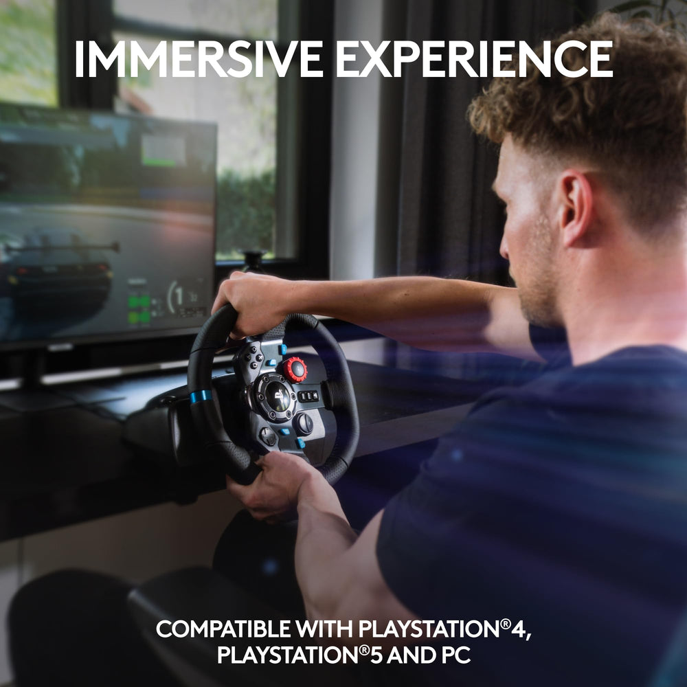 G29 Driving Force Racing Wheel and Floor Pedals, Real Force Feedback, Stainless Steel Paddle Shifters, Leather Steering Wheel Cover for PS5, PS4, PC, Mac - Black