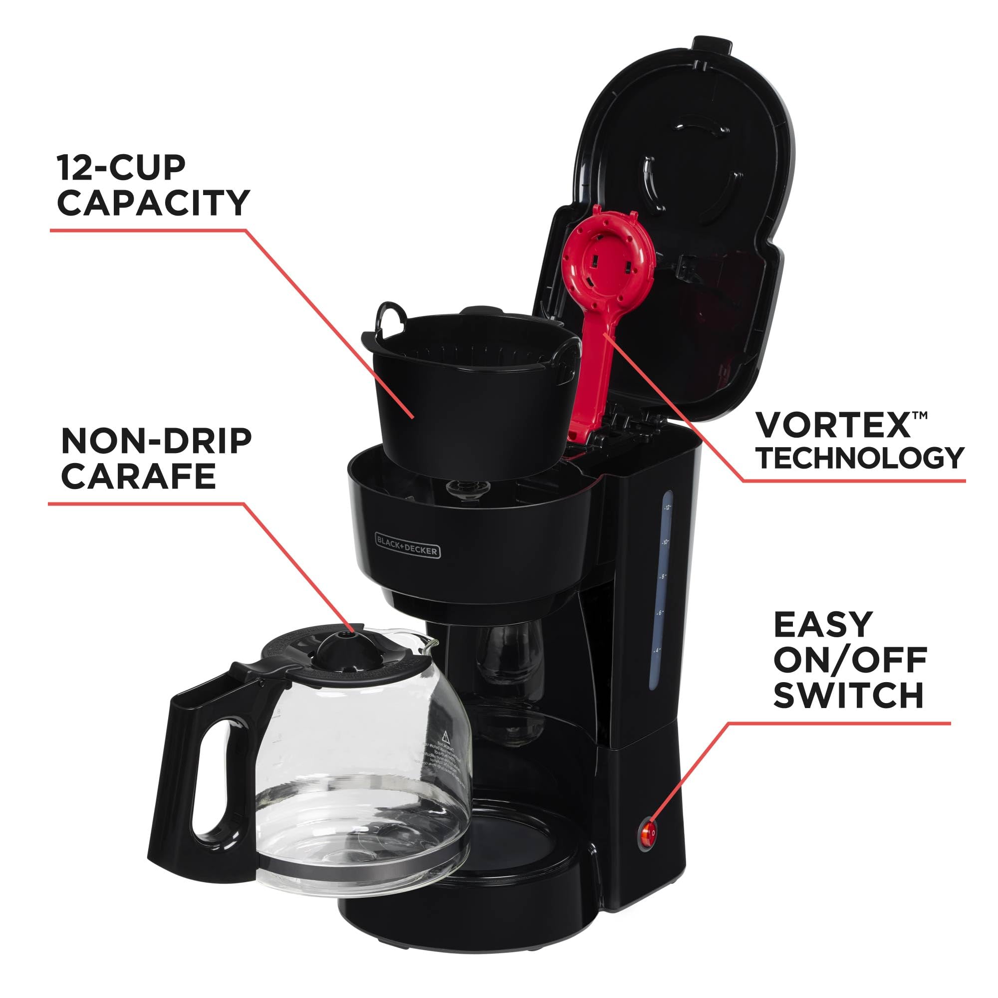 12-Cup Coffee Maker with Easy On/Off Switch, Easy Pour, Non-Drip Carafe with Removable Filter Basket, Vortex Technology, Black