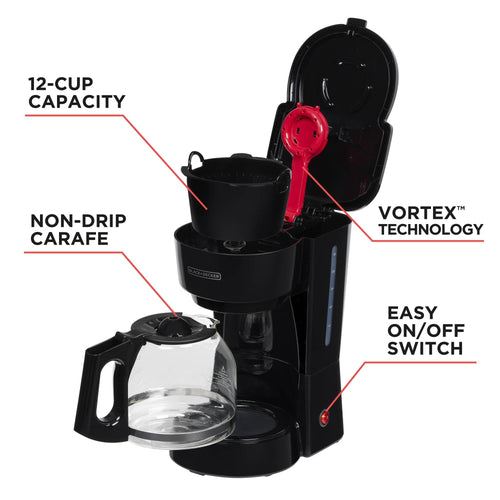 12-Cup Coffee Maker with Easy On/Off Switch, Easy Pour, Non-Drip Carafe with Removable Filter Basket, Vortex Technology, Black